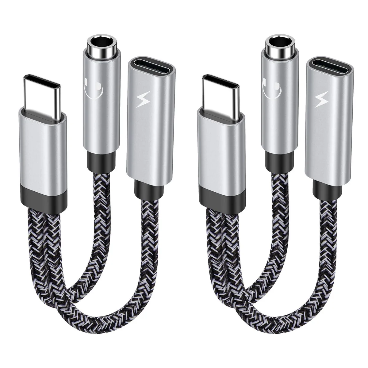 Two silver USB-C to 3.5mm adapter cables, each with a short cord and inline remote