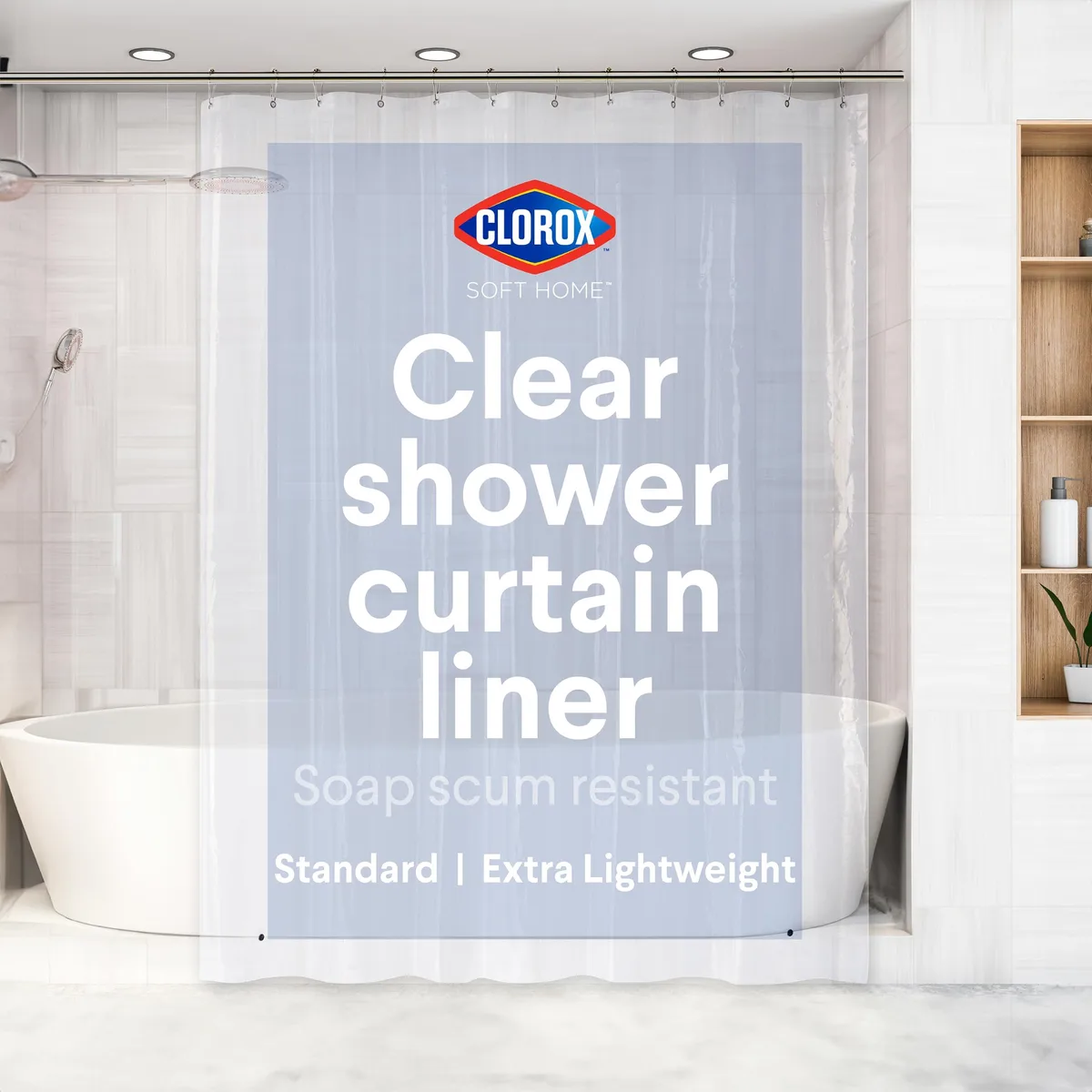 Clear PEVA shower curtain liner with metal grommets and weighted magnets
