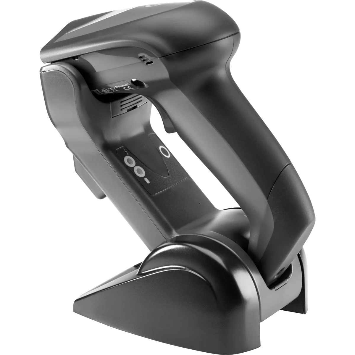 Black handheld barcode scanner with charging cradle