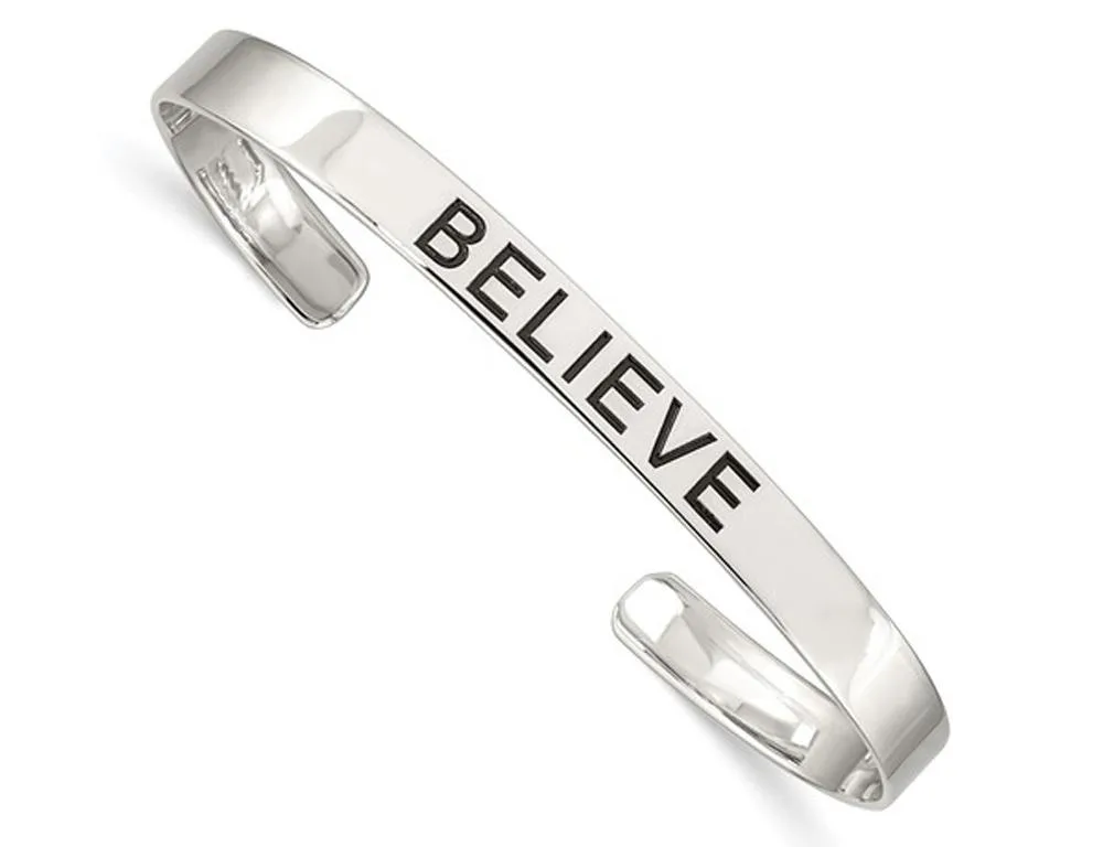 Gem &amp; Harmony Gem &amp; Harmony BELIEVE Bangle Cuff Bracelet Antiqued Sterling Silver 925 — product photo