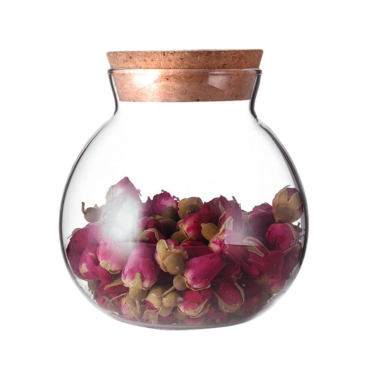 Clear round glass jar with cork stopper, 500 ml