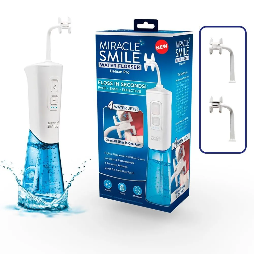 White cordless water flosser with H-shaped head and 220ml tank