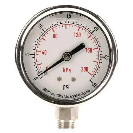 Stainless steel liquid-filled pressure gauge with white dial and bottom connection
