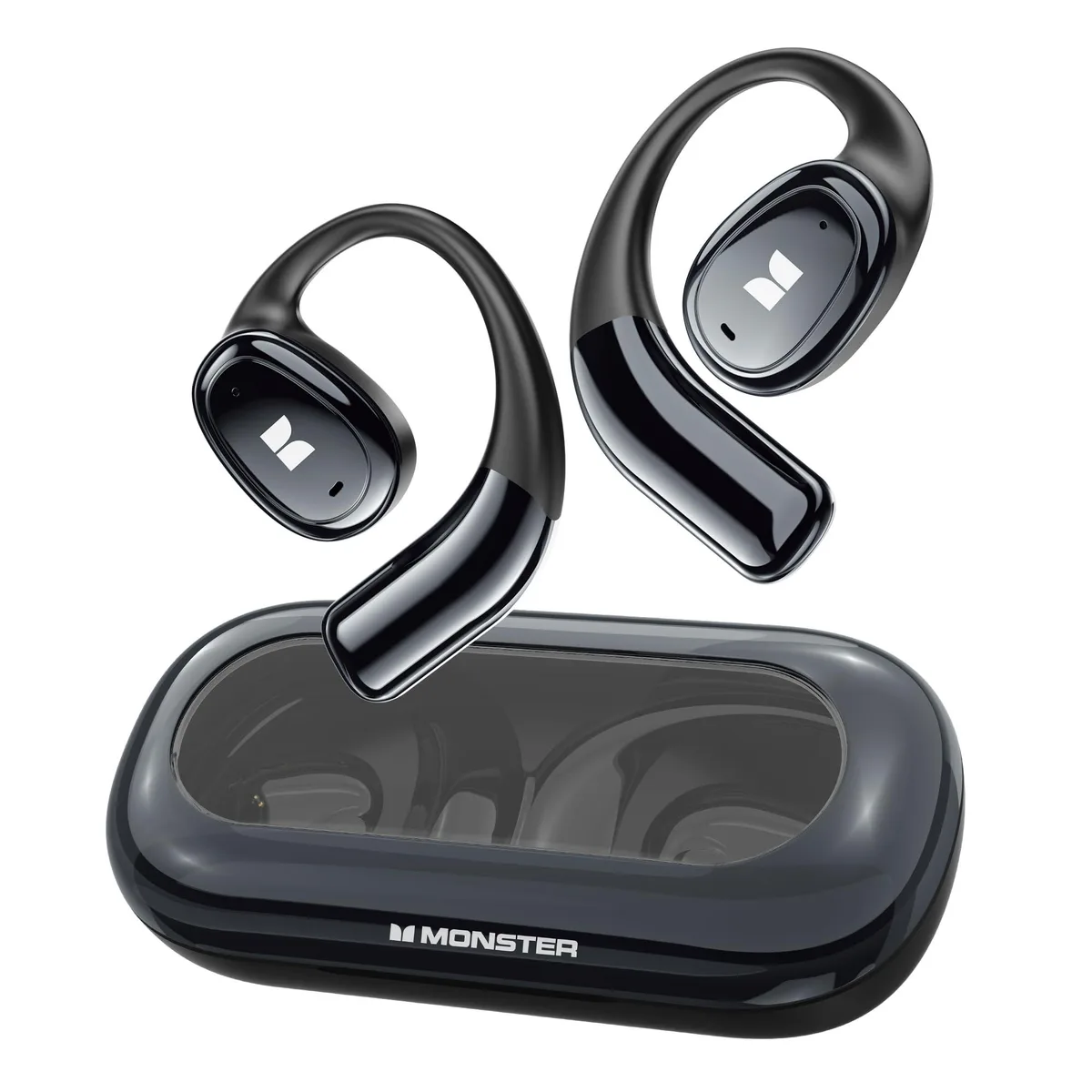 Black open-ear wireless earbuds with charging case, touch controls, IPX5 rating