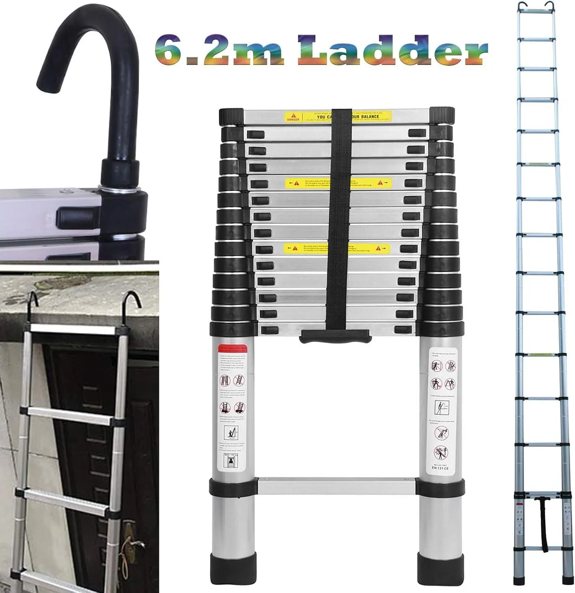 Silver aluminium telescopic ladder collapsed to 3.58ft with rubber feet and locking latches