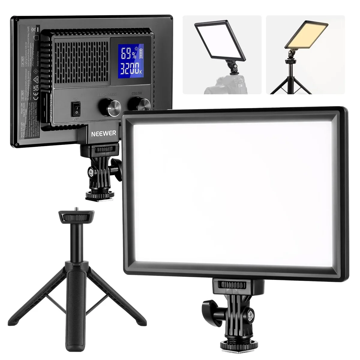Square LED panel on a compact tripod with adjustable knobs