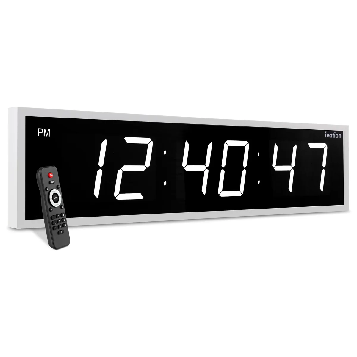 White oversized 72 inch digital LED clock with large digits, remote control, wall or shelf mount