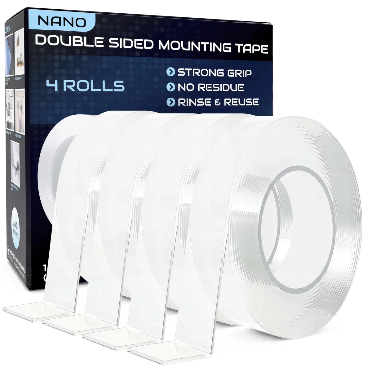 Four clear gel tape rolls, each one inch wide by ten feet long