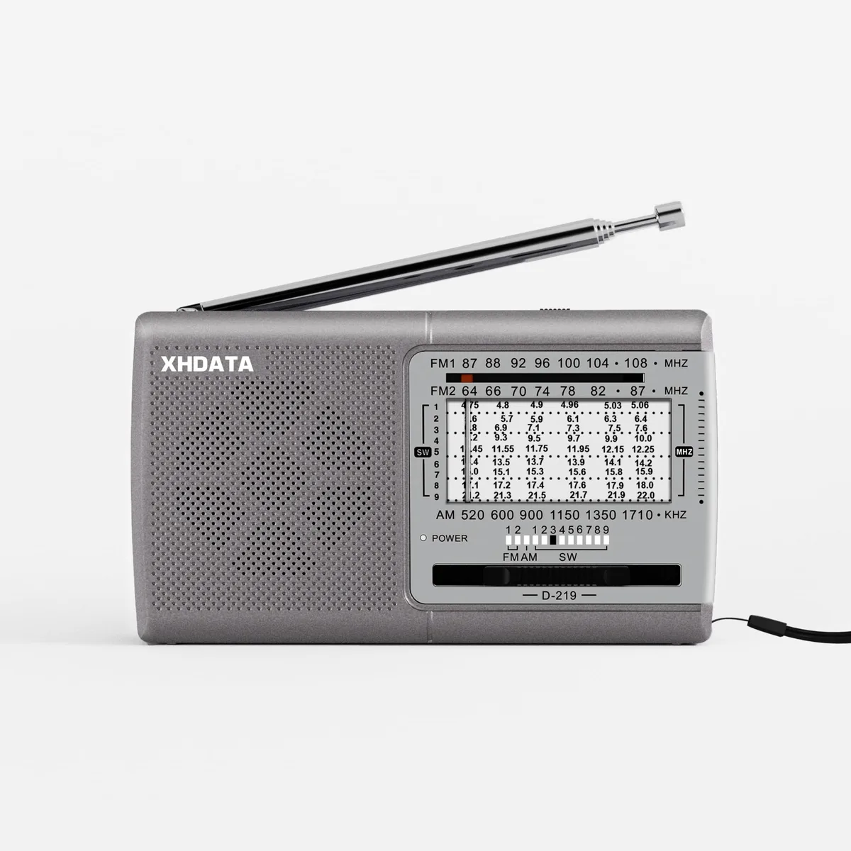 Silver portable radio with long rotating antenna and front speaker grille