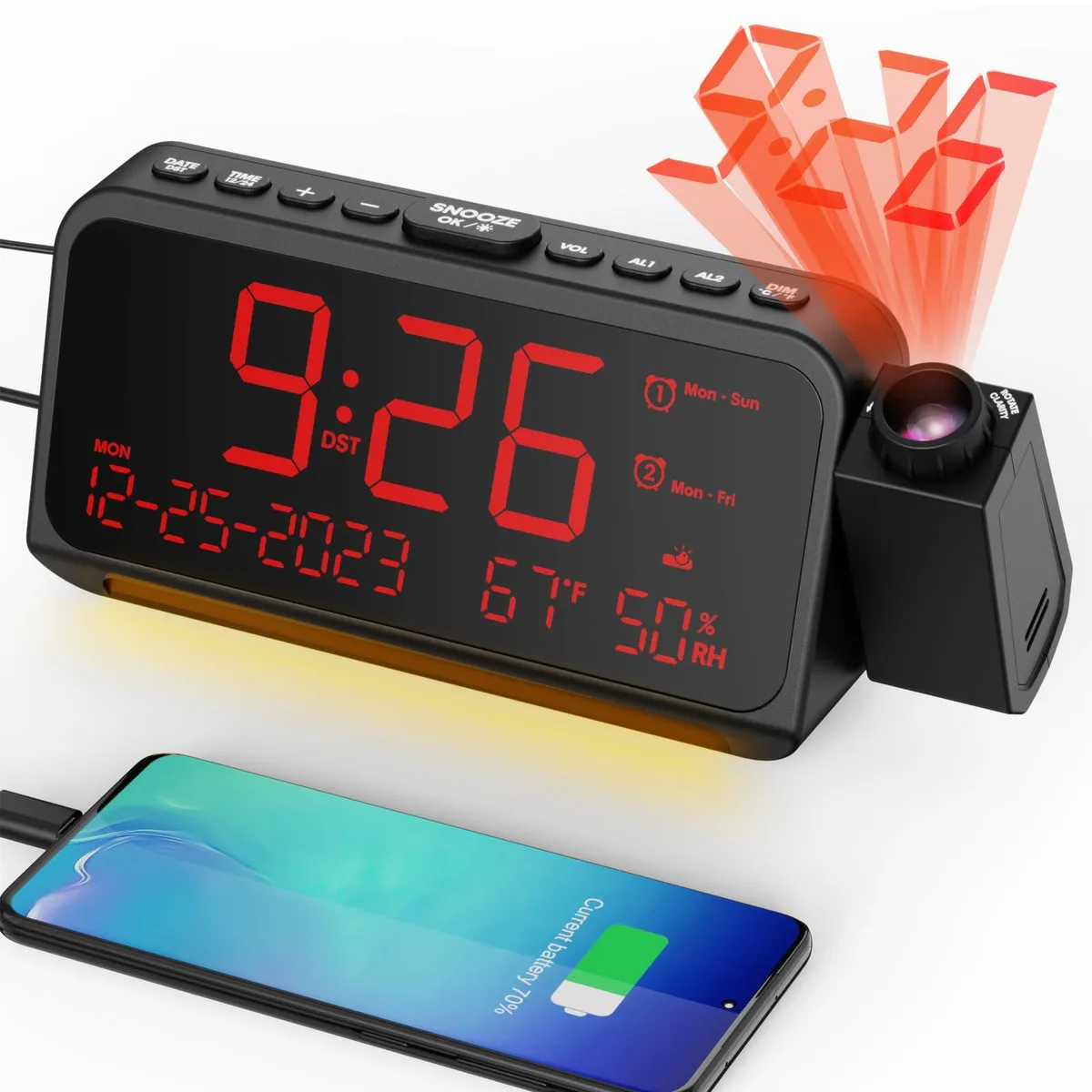  Mesqool CR1024 projection alarm clock 5.9" display 180° swivel temperature humidity — product photo