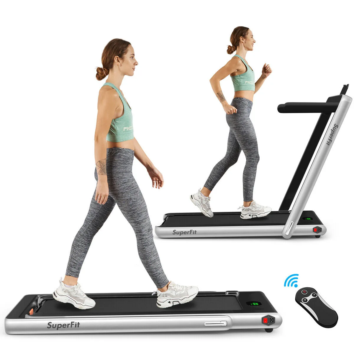 Silver folding treadmill with handrail down for under-desk walking