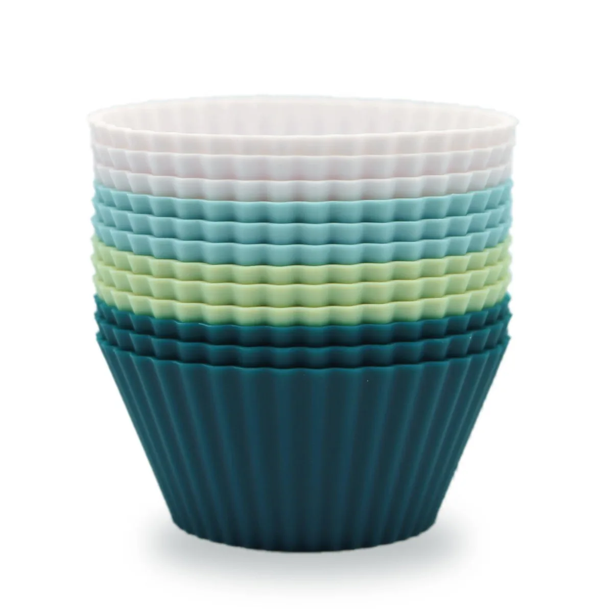 Twelve flexible silicone muffin cups in white green navy and dusty blue