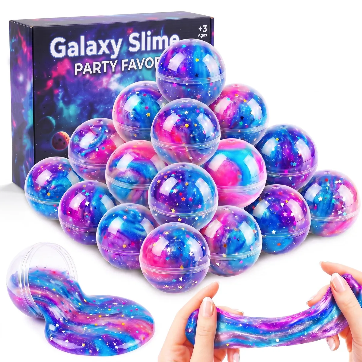 Boxed set of 24 black galaxy slime balls in a rectangular package