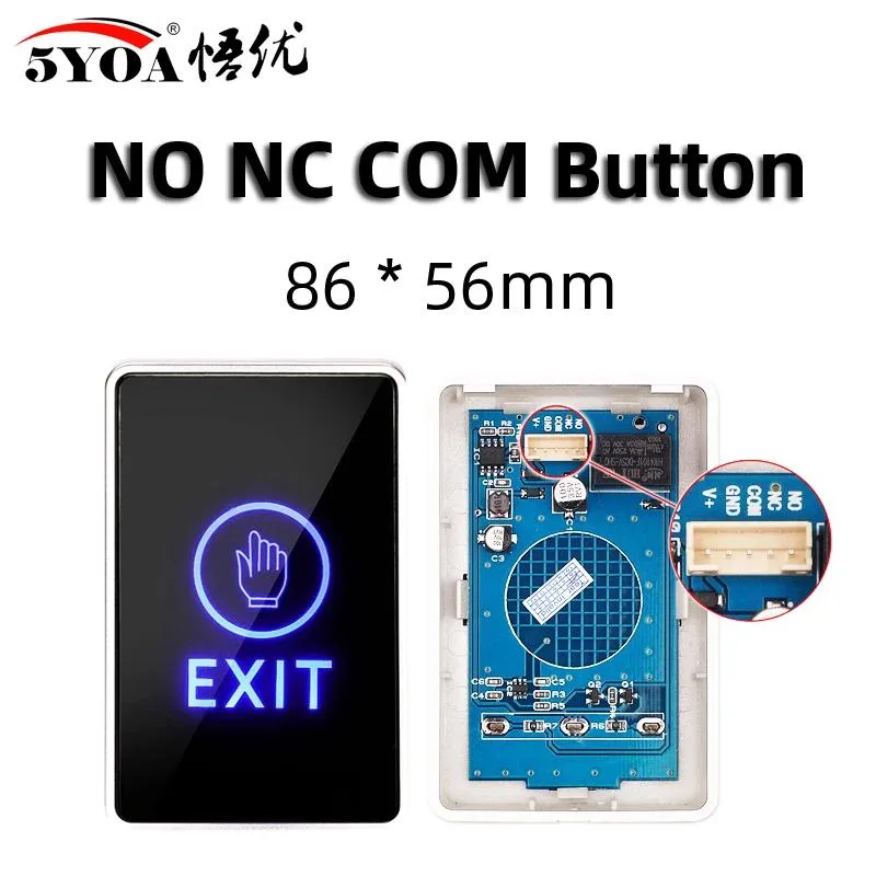 White rectangular infrared touch exit button with LED indicator on metal wall plate