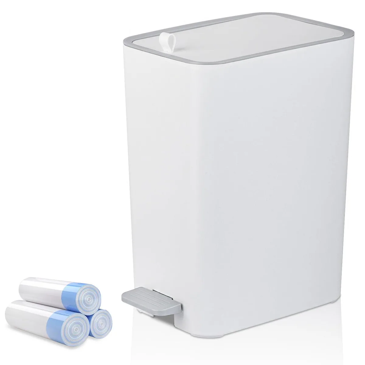 Three white slim plastic step trash cans with lids and handles