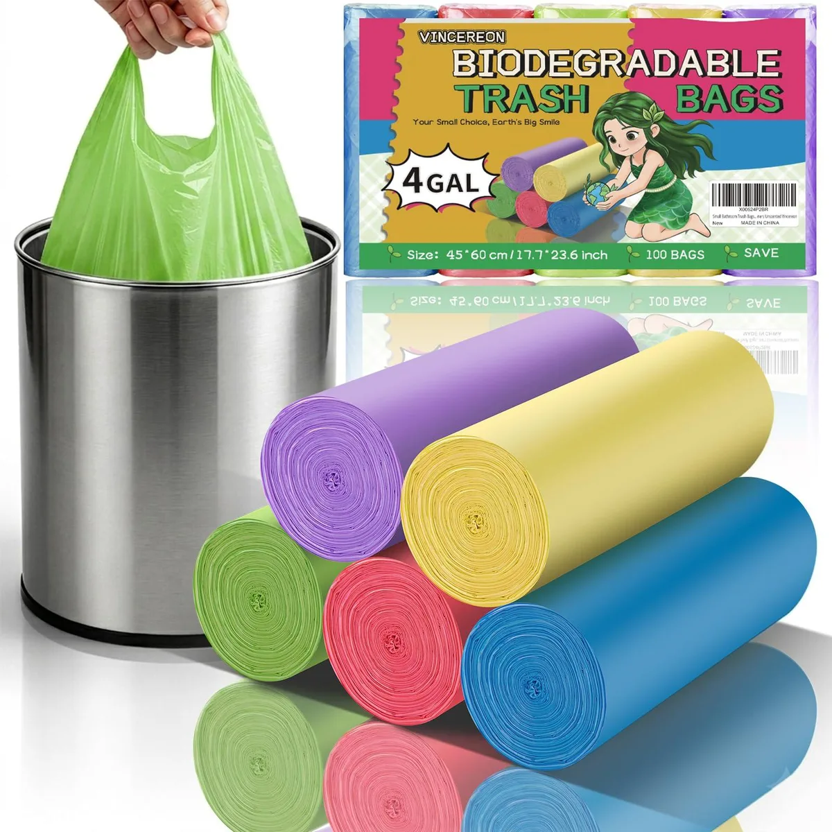  VINCEREON 4 Gallon Trash Bags Biodegradable With Handles 100 Count — product photo