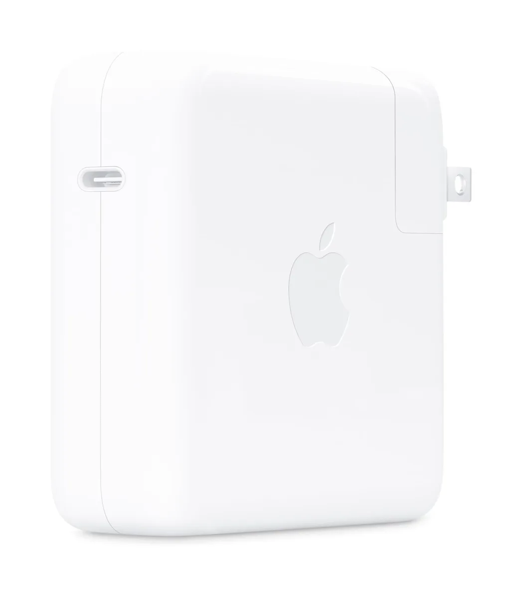 White square USB-C power adapter with retractable plug, 4.88 x 4.88 x 1.22 inches