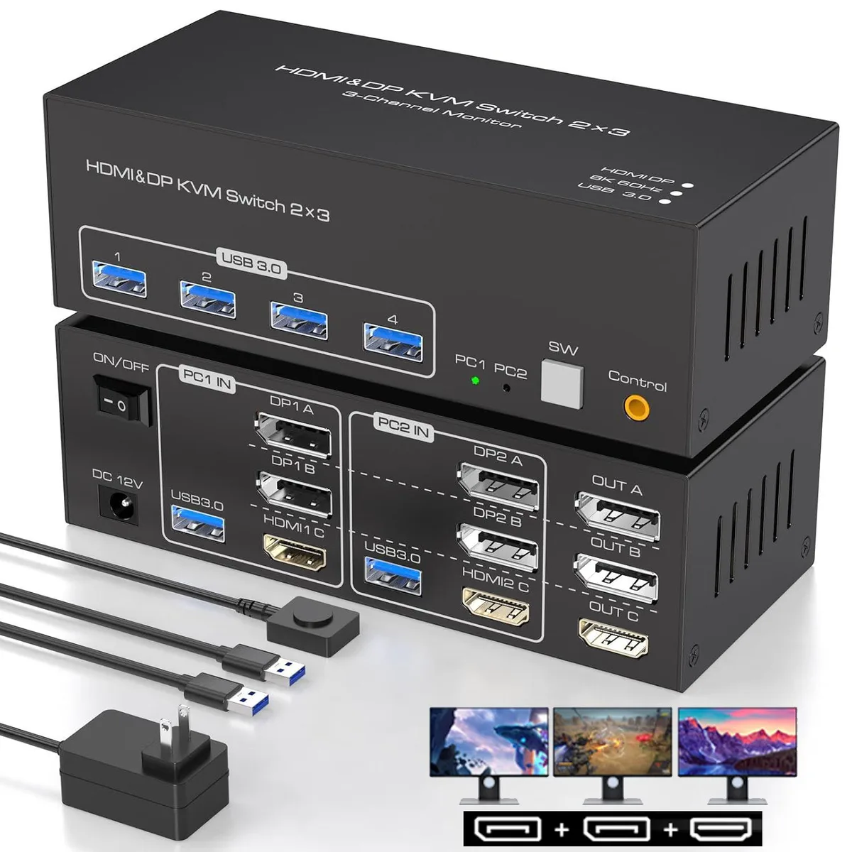 Hitoor Hitoor SW232 2DP+HDMI KVM Switch 3 Monitors 2 PCs 8K60Hz 4K120Hz 4 USB 3.0 — product photo