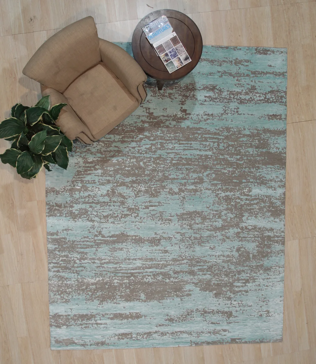 Hand-knotted wool area rug in silver with abstract galaxy pattern, high-low texture, made in India