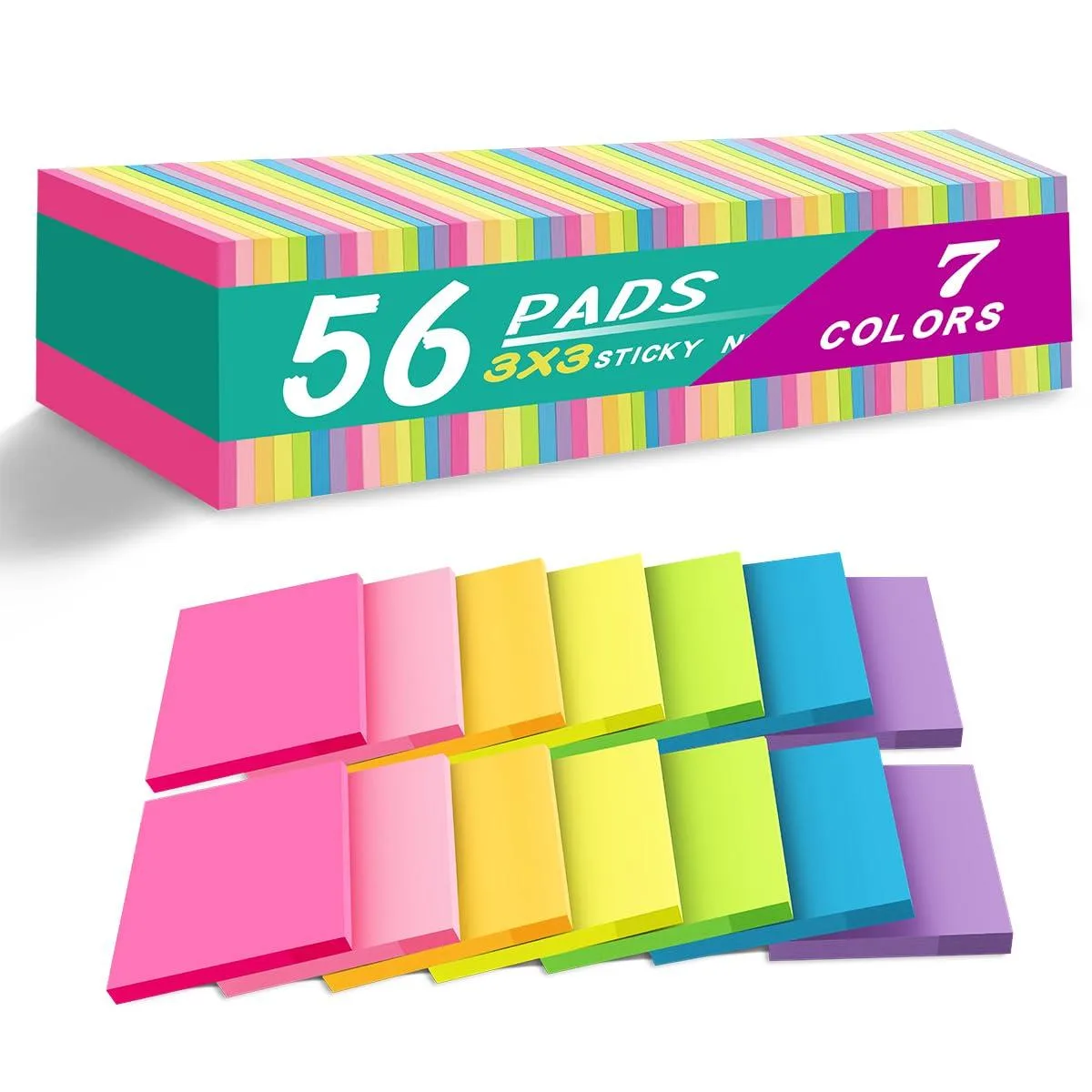 A stack of 56 square sticky note pads in seven bright colours