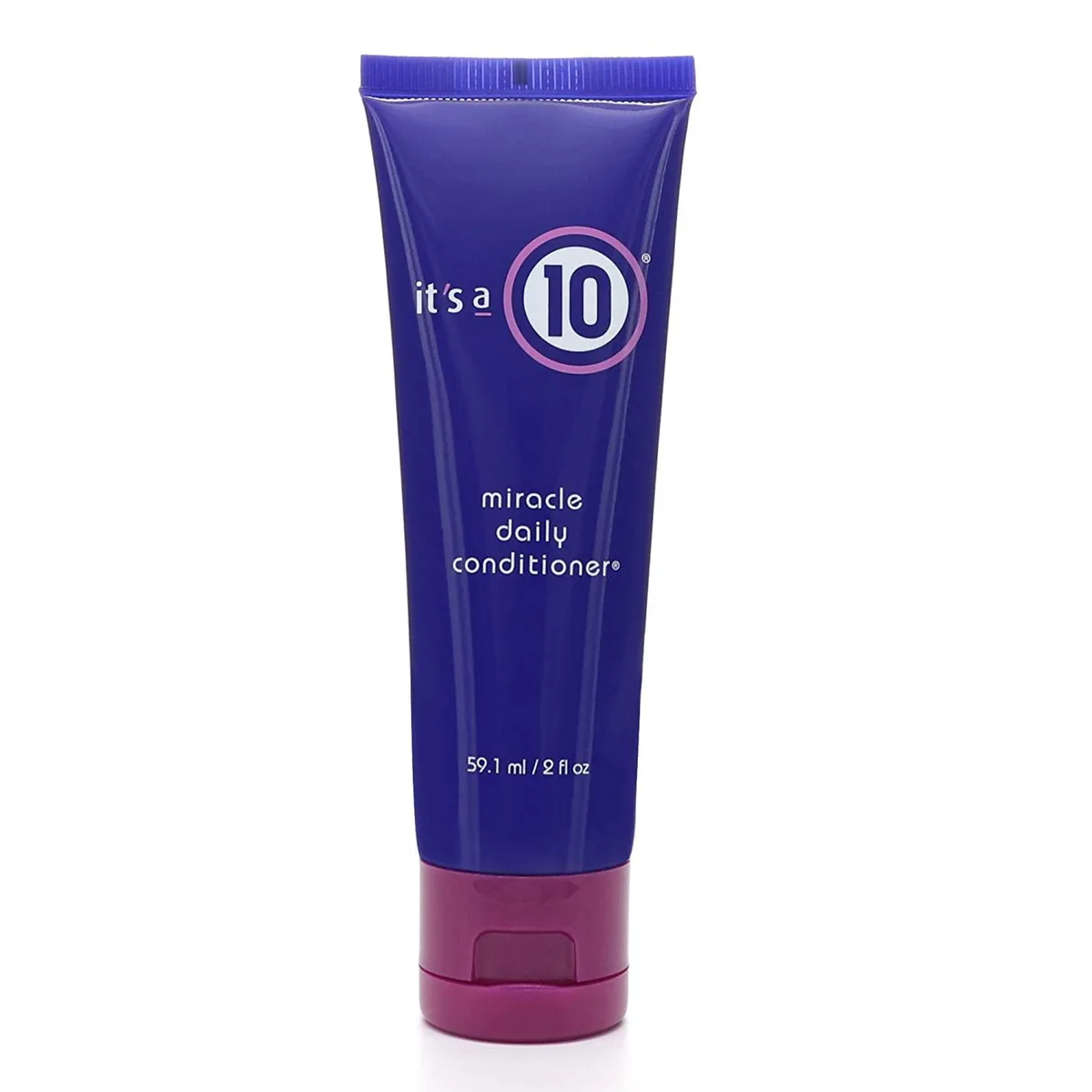 Small white 59.1ml conditioner bottle with silver cap and multicoloured label