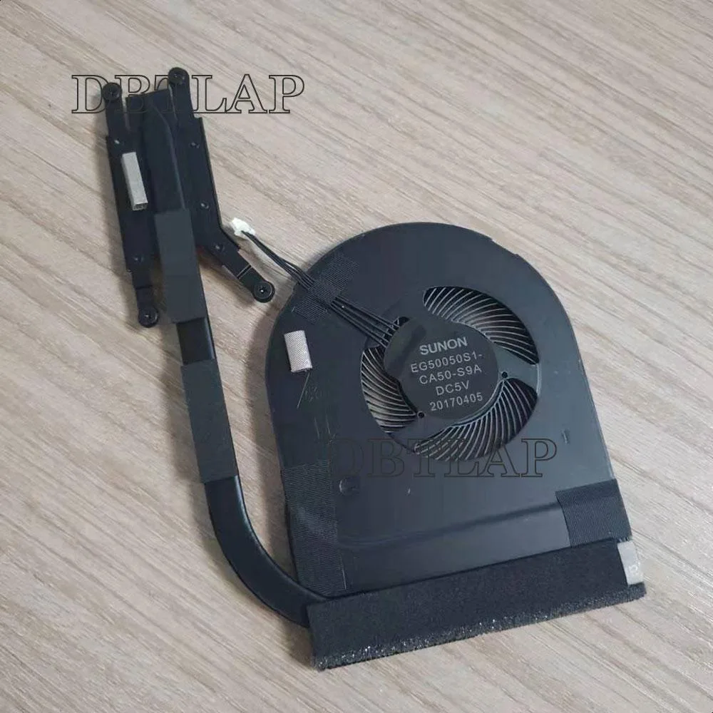 Black laptop cooling fan and heatsink assembly with copper pipes and silver fins