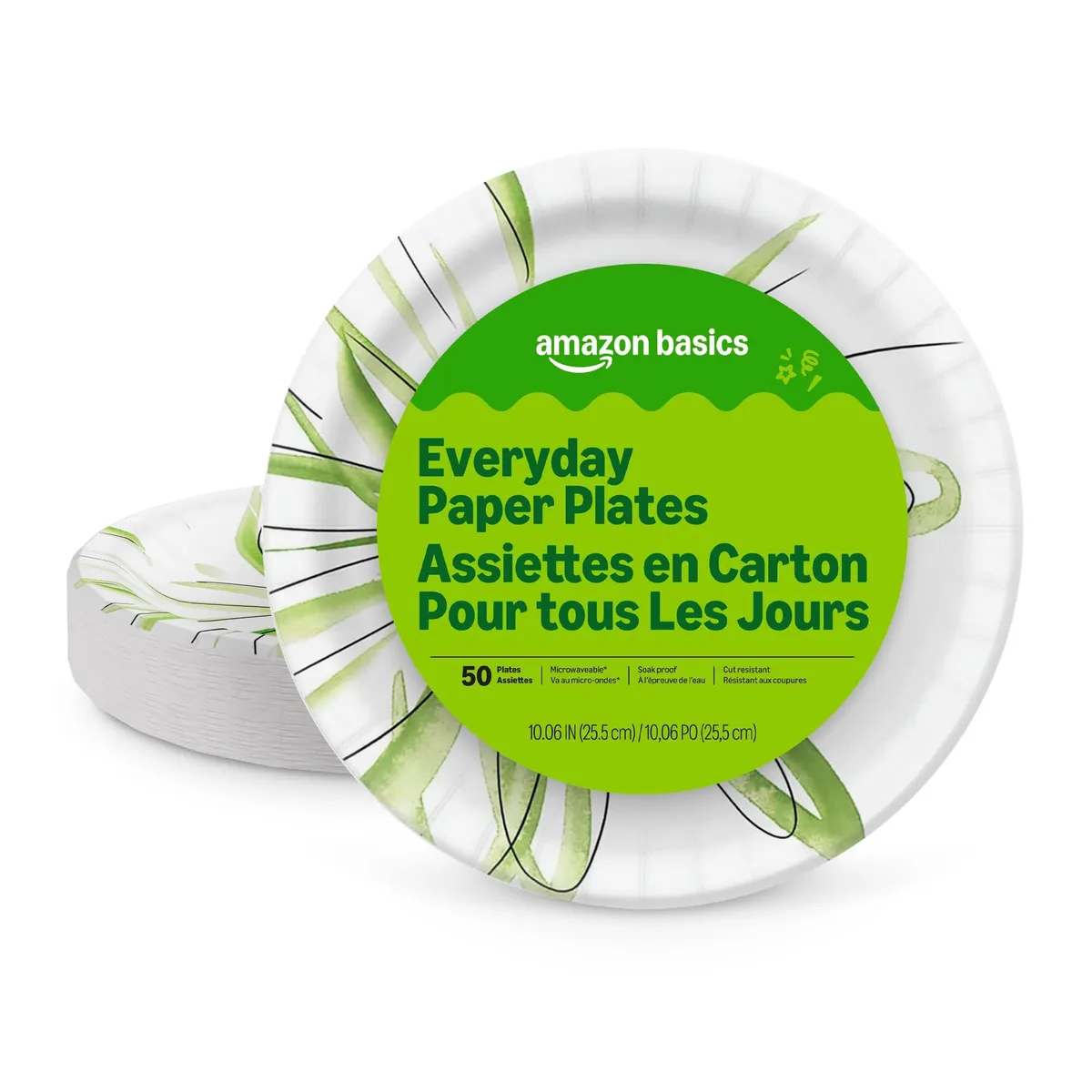 A stack of 50 green paper plates, 10 inch round, disposable, solid colour