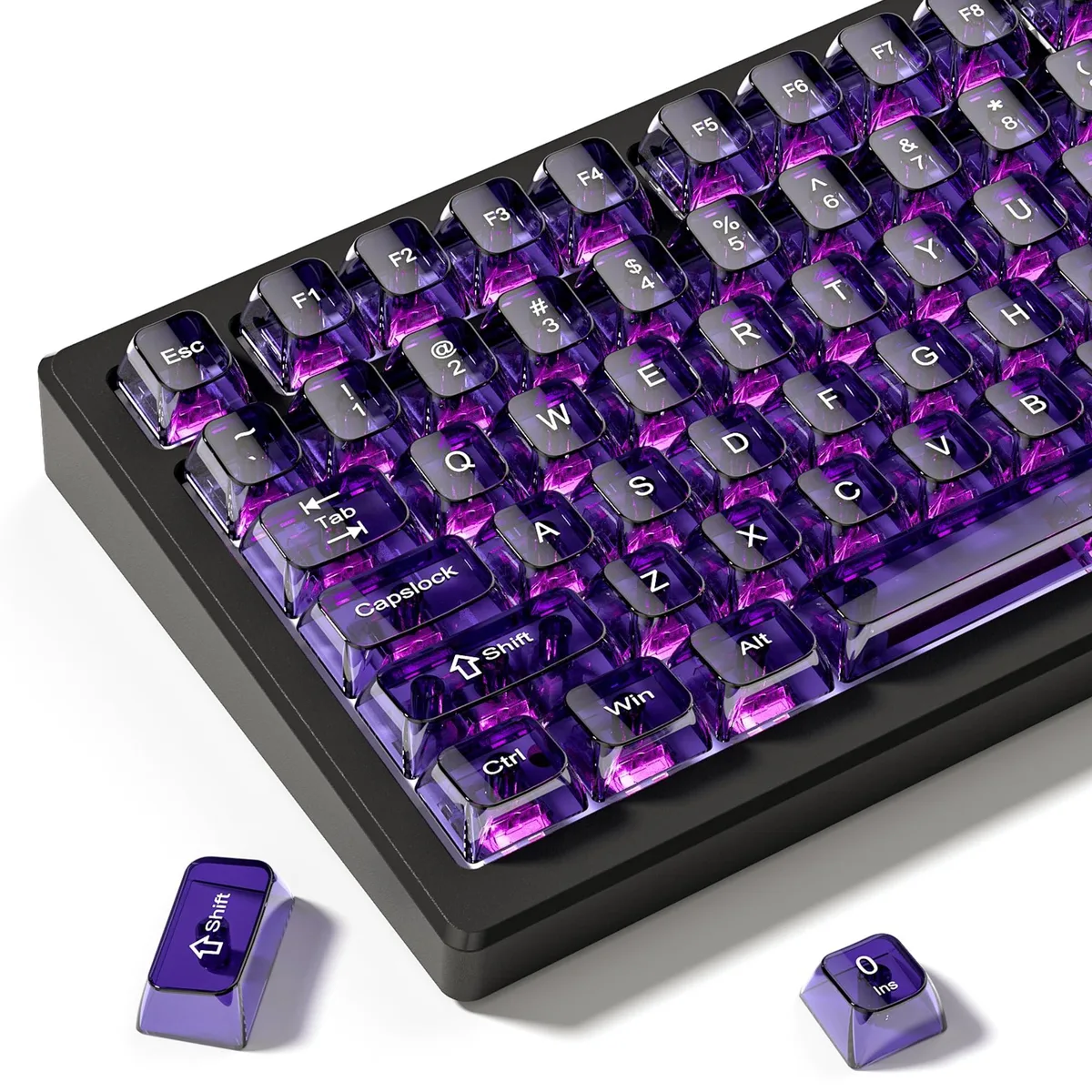 Set of 115 transparent purple MDA-profile keycaps with glossy ceramic-look finish