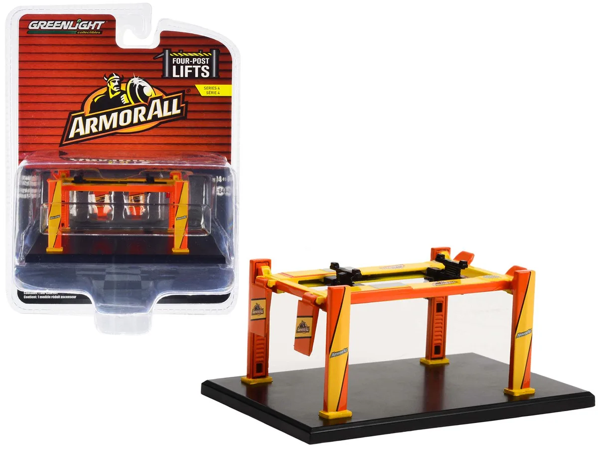 GREENLIGHT GREENLIGHT Adjustable Four-Post Lift ArmorAll Orange Yellow 1/64 Diecast — product photo