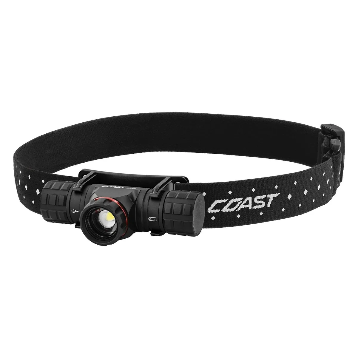 Black headlamp with twist-focus lens and magnetic base on fabric strap