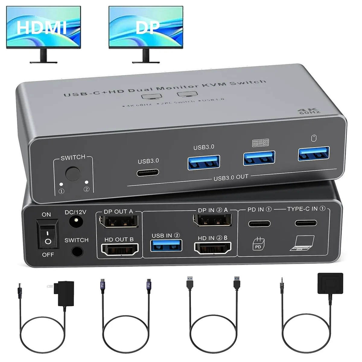 IHDAPP IHDAPP KVM202 DP+HD KVM Switch 2 Monitors 2 Computers 4K@60Hz 100W PD — product photo