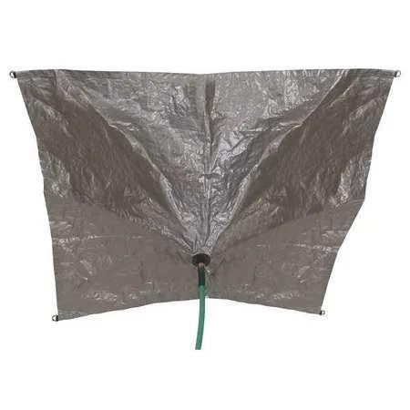Square black and silver polyethylene leak diverter tarp with bungee cords, hooks, drawstrings and straps attached