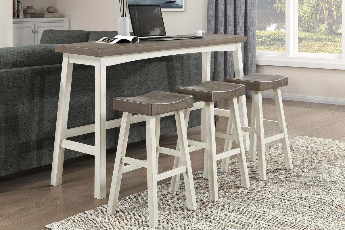 White coffee finished pub table with three matching bar stools in solid rubberwood