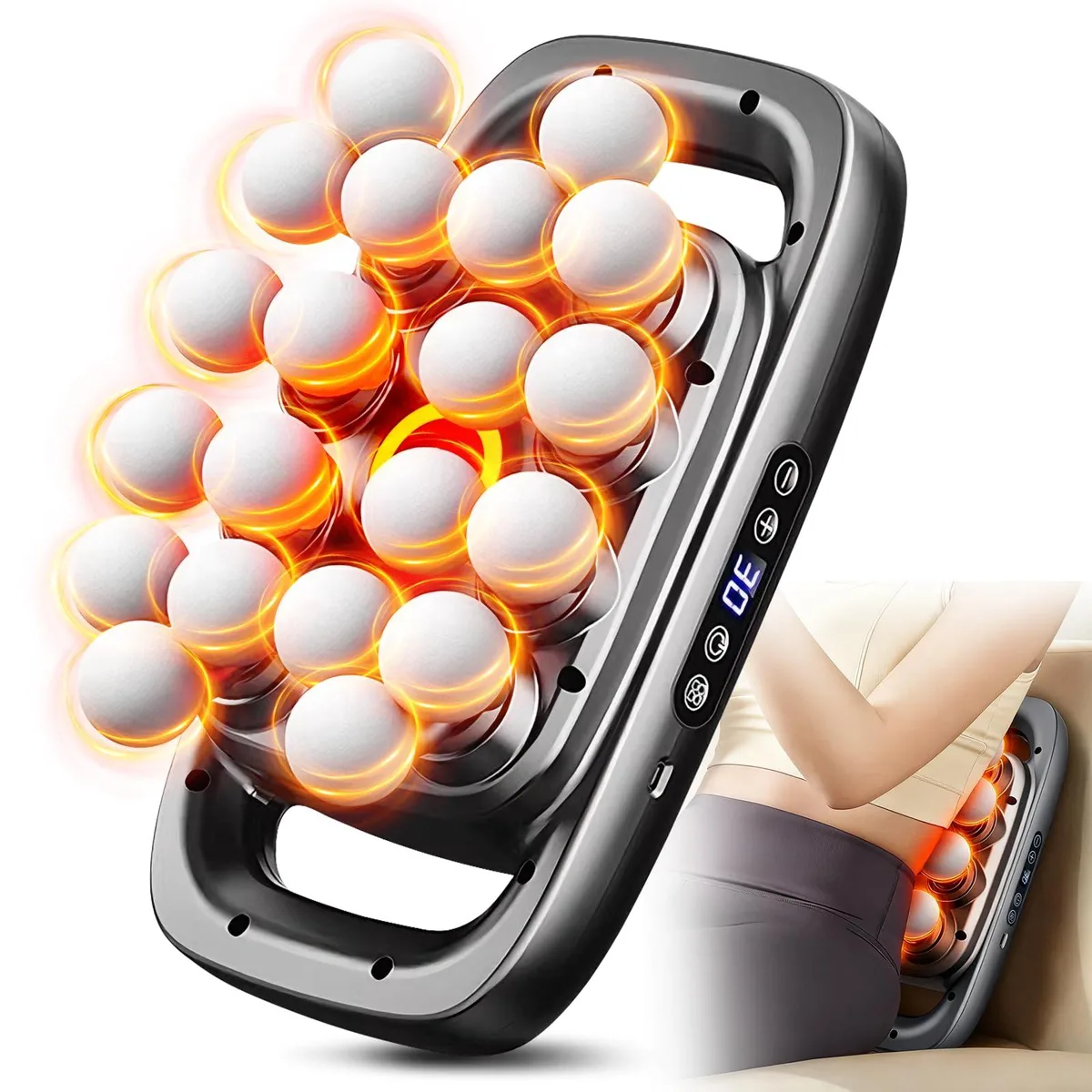 Grey handheld percussion massager with twenty interchangeable heads