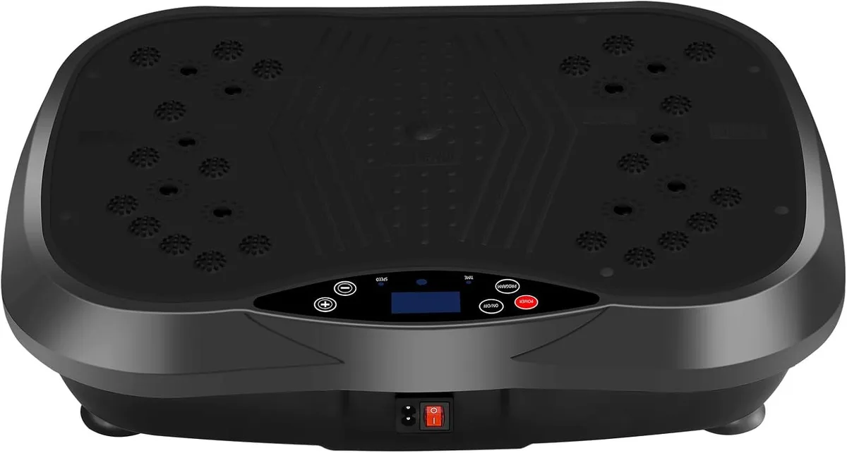 Rectangular black vibration platform with four suction feet, loop bands and remote control