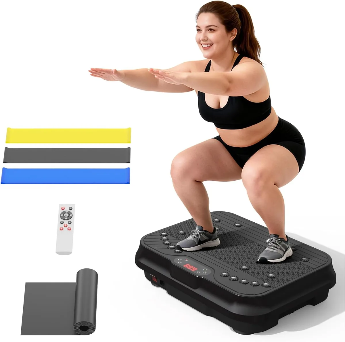 Rectangular vibration platform with textured surface and resistance bands attached