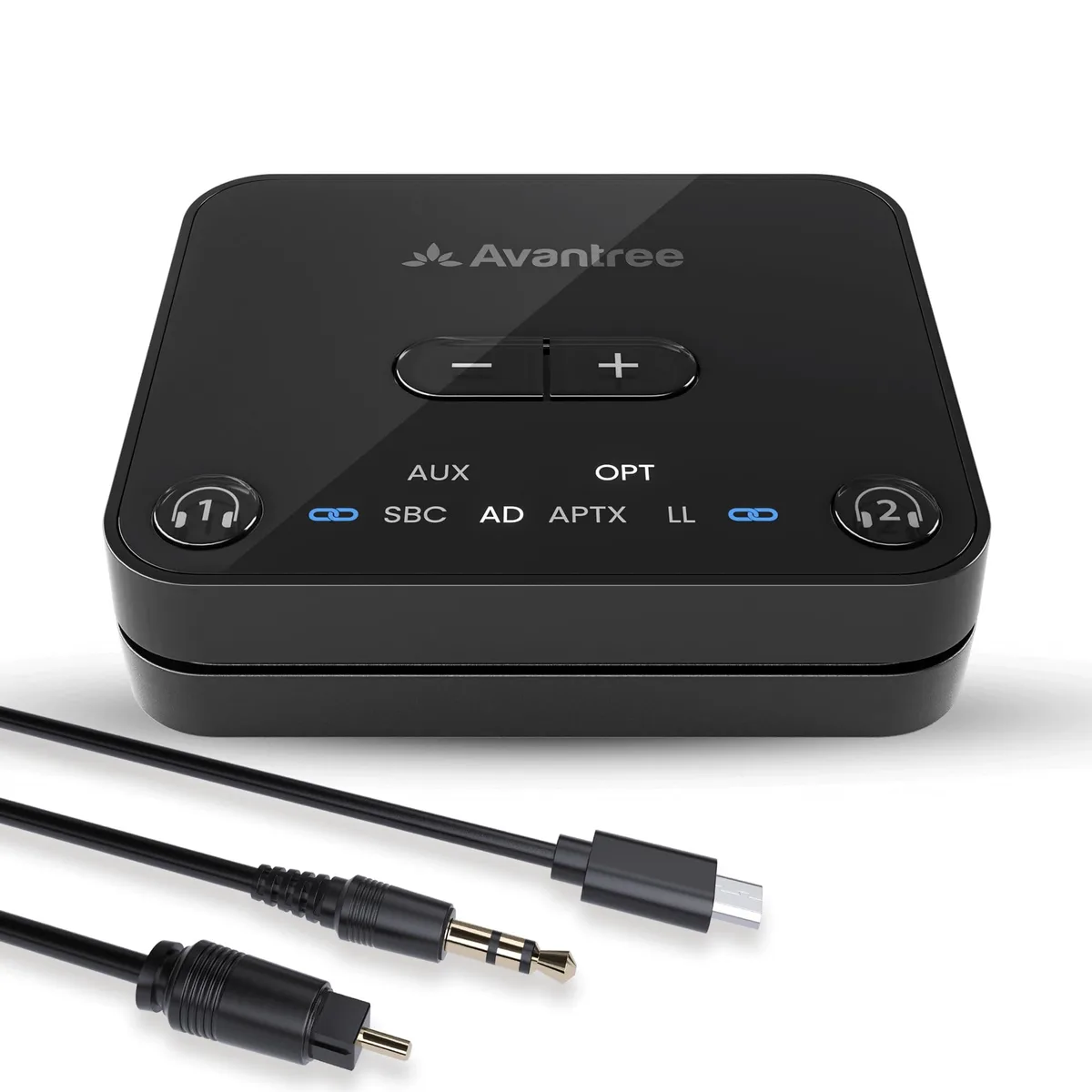 Compact black rectangular transmitter with volume buttons and LED indicators
