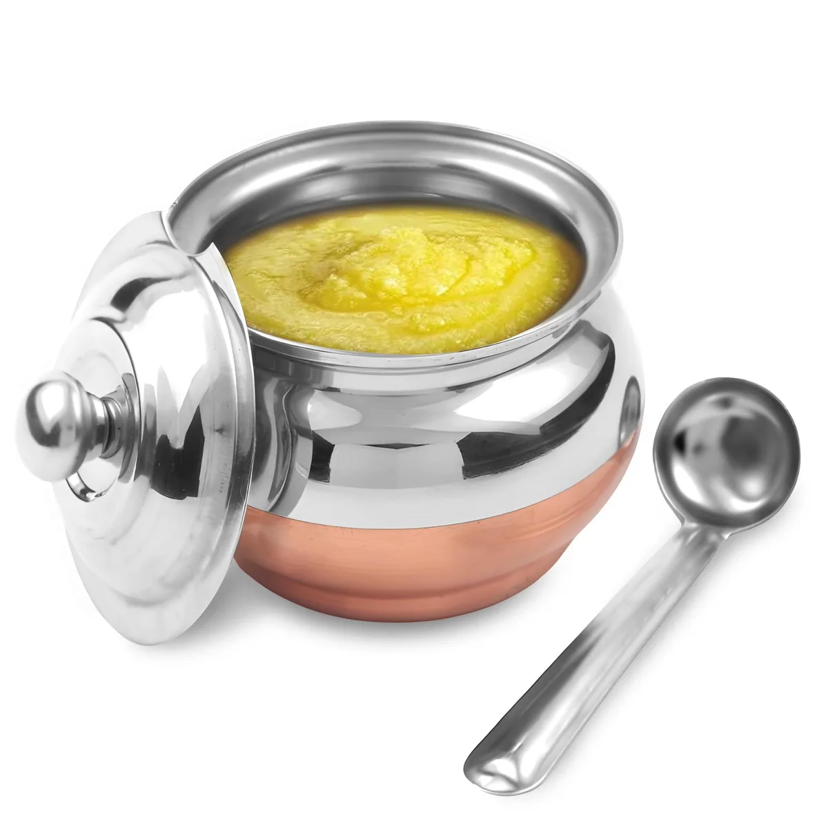 Small copper coated stainless steel ghee pot with lid and spoon, 200 ml capacity