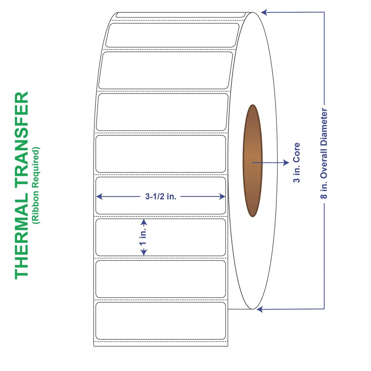 White rectangular thermal transfer label roll with perforated edges