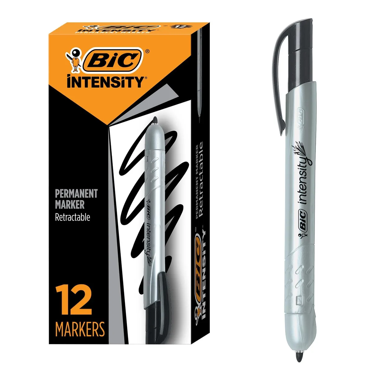Twelve black retractable permanent markers in a pack
