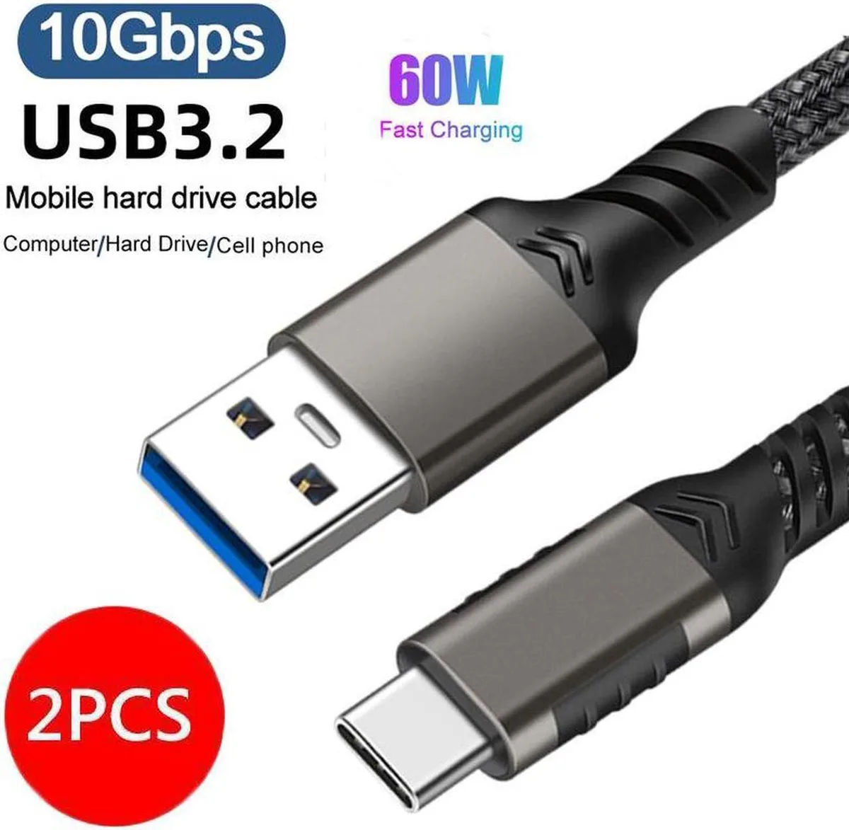 SMUGDESK SMUGDESK USB-C to USB-A 3.2 Gen 2 10 Gbps 60 W Braided Cable 1 m 2 pack — product photo