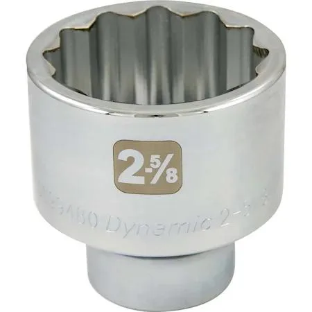 Chrome-finish 1-inch drive socket with 12-point profile and laser-etched size markings