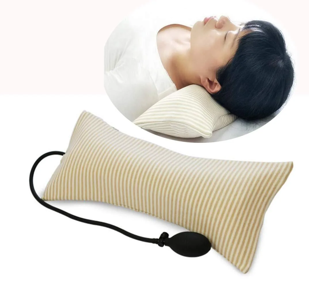 Brown inflatable neck pillow, 17.7 by 7.87 inches, adjustable height 0.78 to 3.9 inches, 250g, removable velvet cover