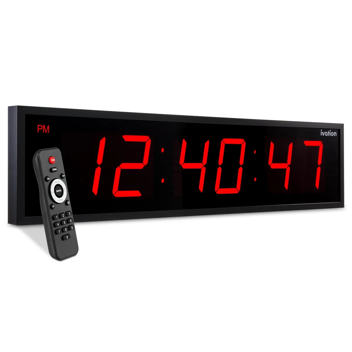 Red 36-inch digital LED clock with large digits remote control and wall mount hardware