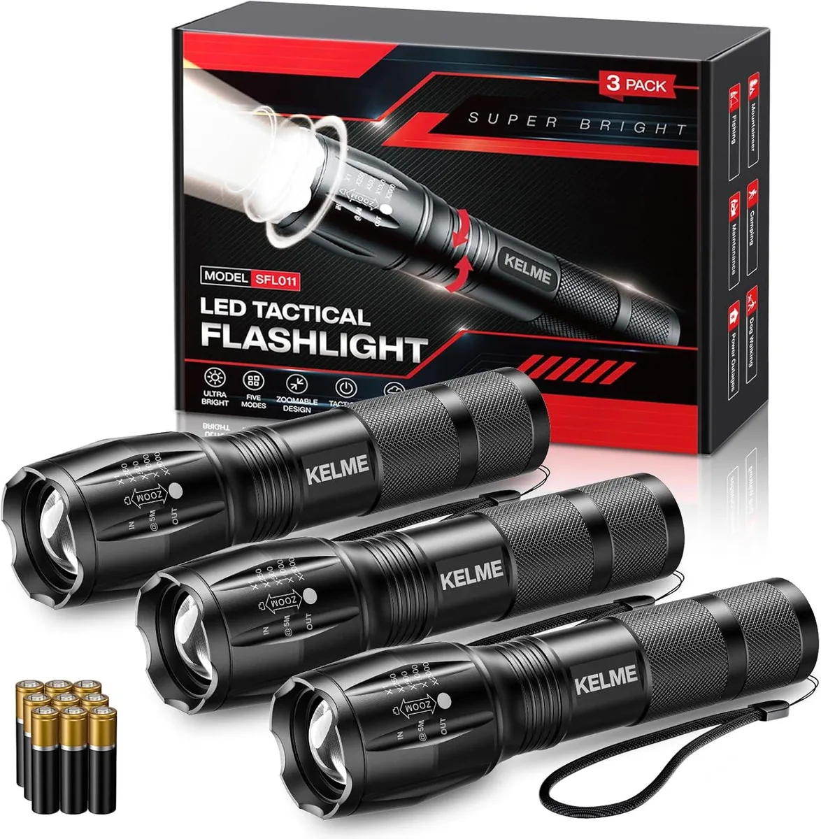 Three small aluminium flashlights, zoomable heads, batteries included