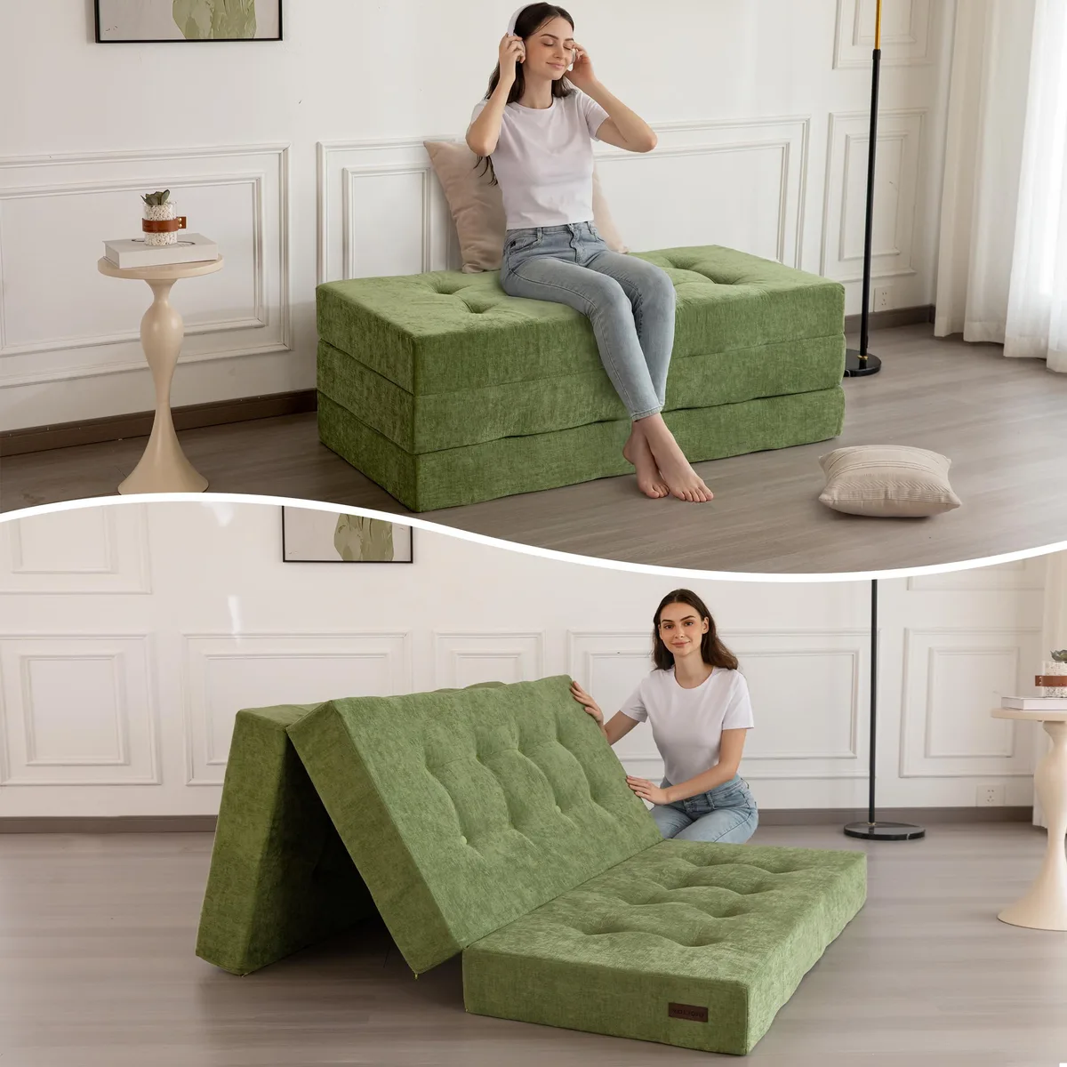 Green tri-fold floor mattress, 6 inches thick, rectangular chenille cover with tufted detail