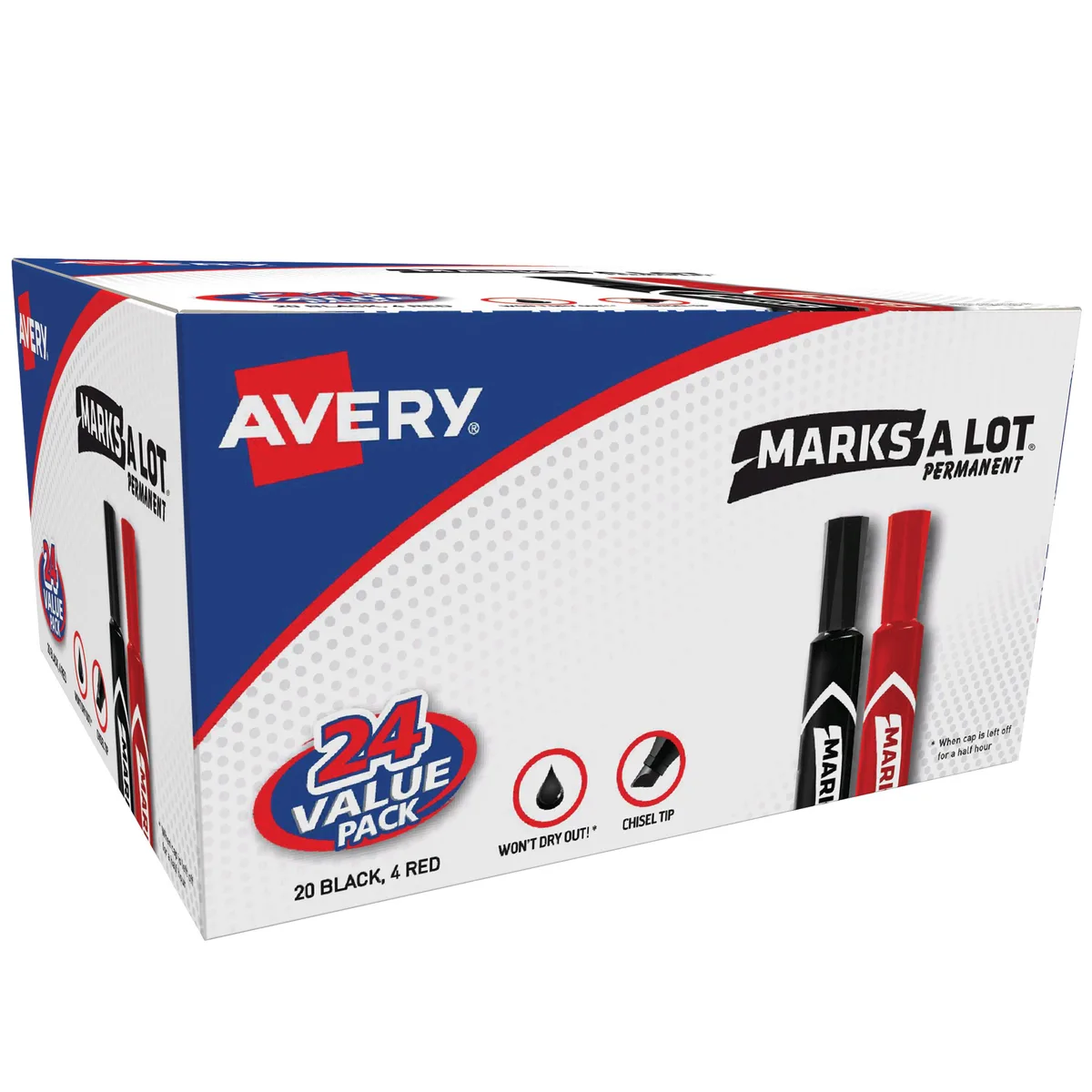 Box of 24 Avery Marks-A-Lot chisel-tip permanent markers in black and red