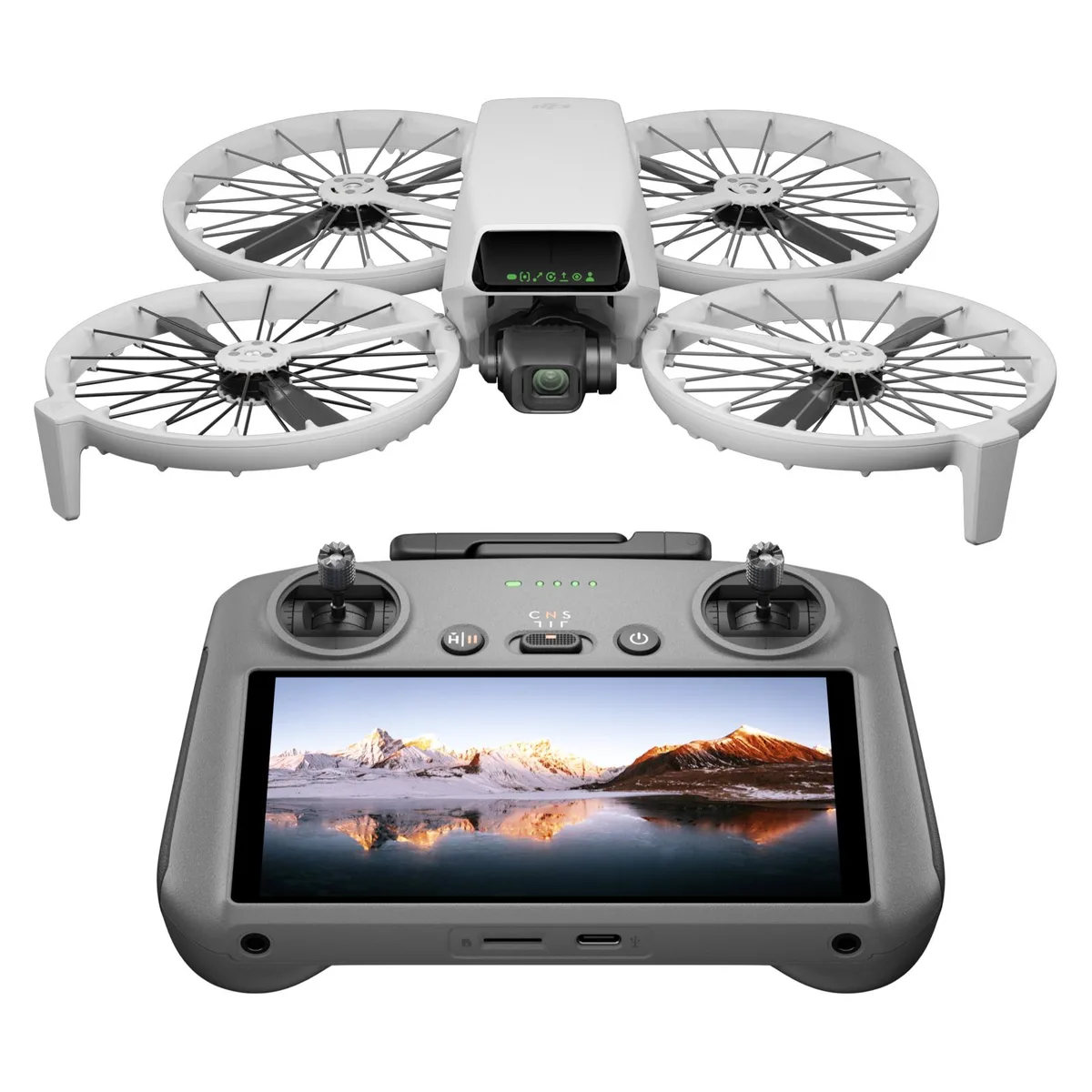 Compact foldable drone with screen remote controller, light grey finish