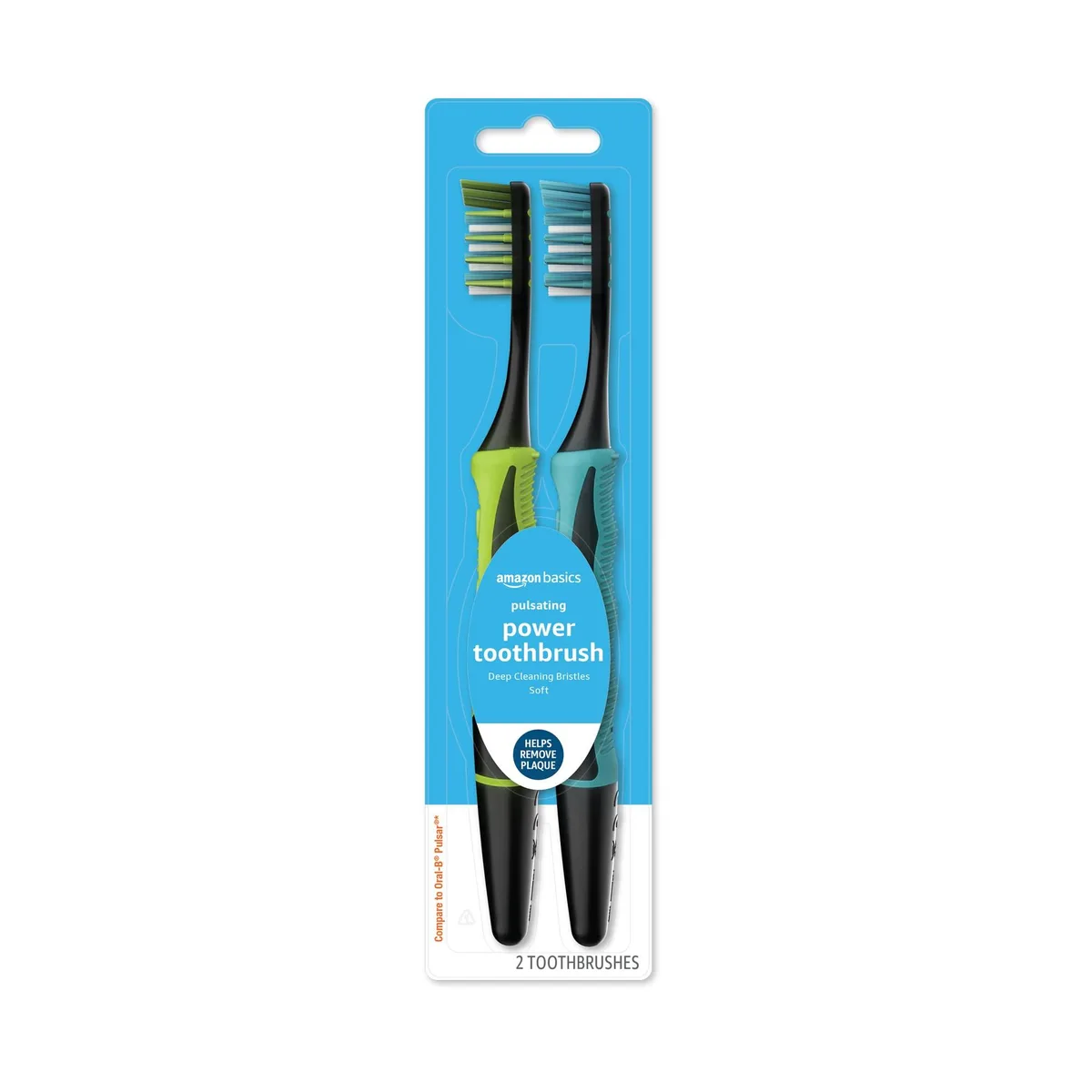 Two white battery powered toothbrushes with soft bristles