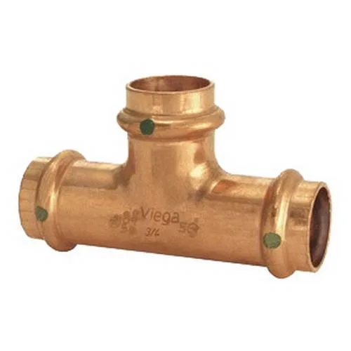 Copper reducing tee with three press-fit ends, EPDM O-rings, rolled center stop